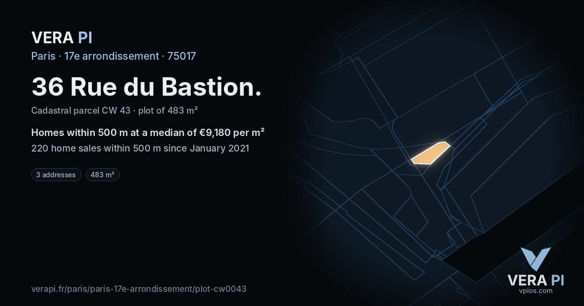 36 Rue du Bastion, 17e arrondissement at night – the plot lit, the parcels around coloured by the prices near them