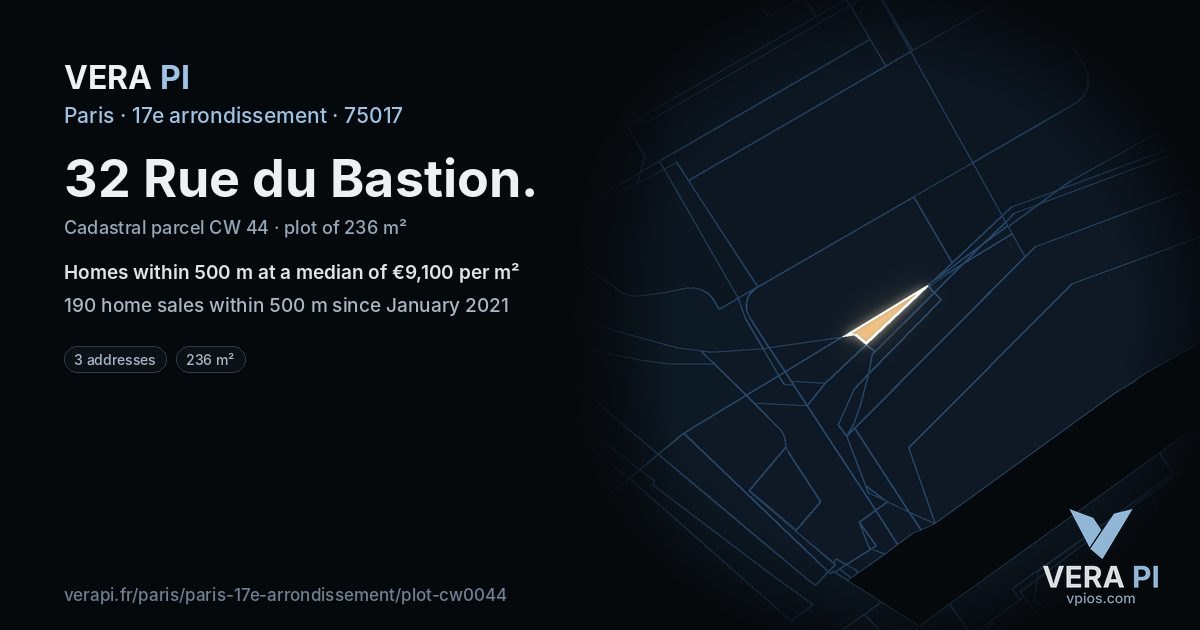 32 Rue du Bastion, 17e arrondissement at night – the plot lit, the parcels around coloured by the prices near them