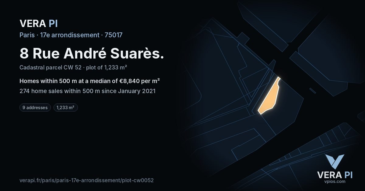 8 Rue André Suarès, 17e arrondissement at night – the plot lit, the parcels around coloured by the prices near them