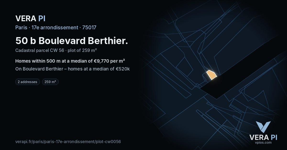 50 b Boulevard Berthier, 17e arrondissement at night – the plot lit, the parcels around coloured by the prices near them