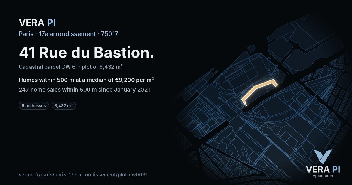 41 Rue du Bastion, 17e arrondissement at night – the plot lit, the parcels around coloured by the prices near them