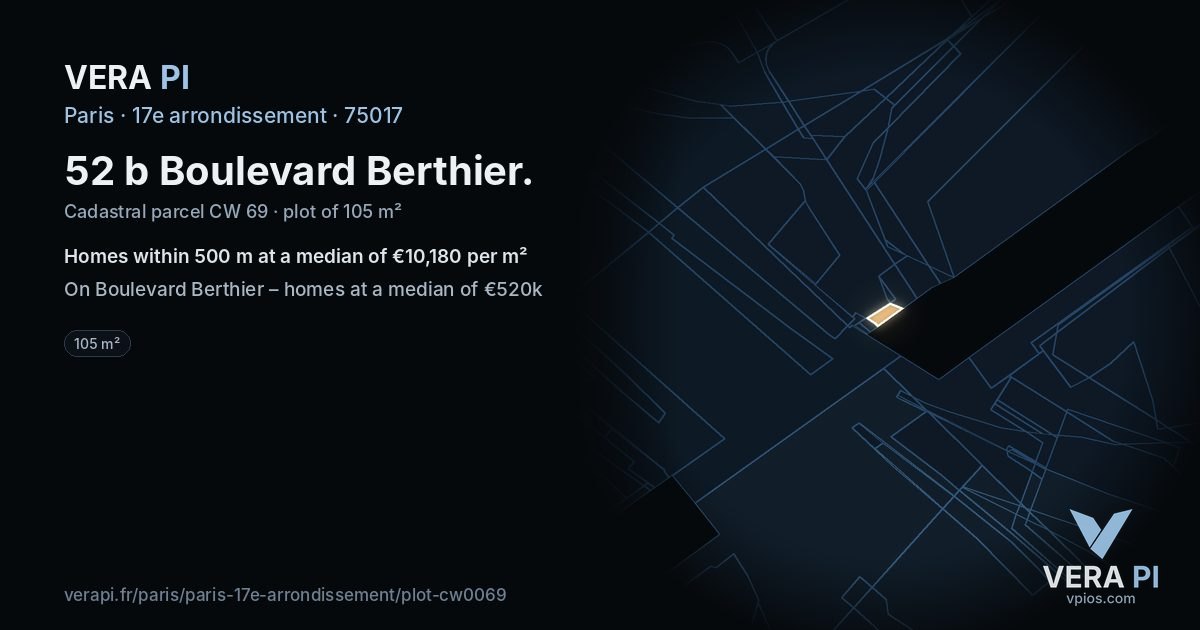 52 b Boulevard Berthier, 17e arrondissement at night – the plot lit, the parcels around coloured by the prices near them
