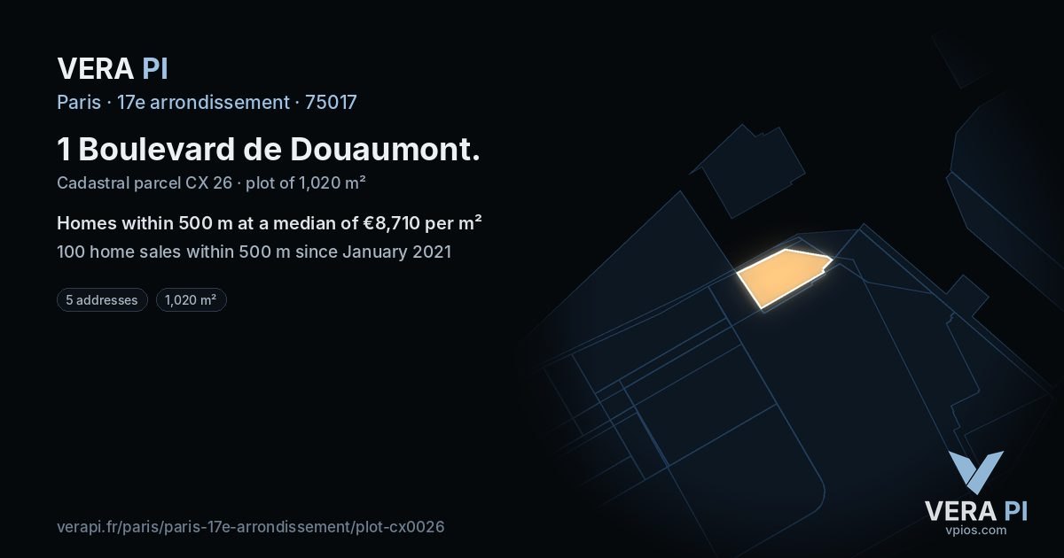 1 Boulevard de Douaumont, 17e arrondissement at night – the plot lit, the parcels around coloured by the prices near them
