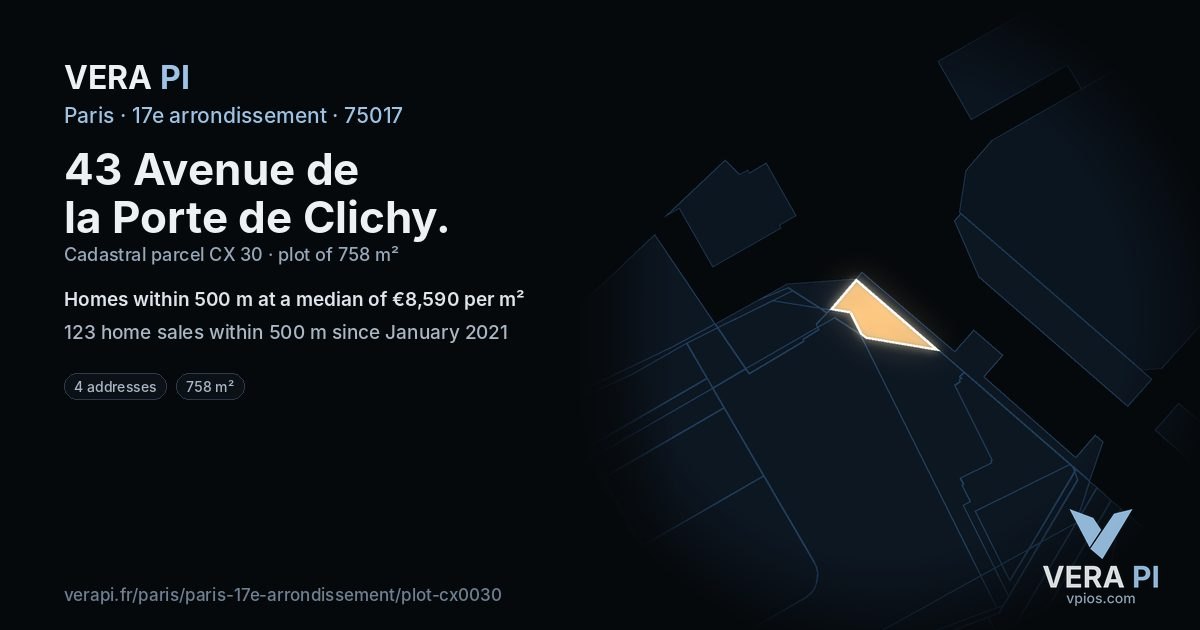 43 Avenue de la Porte de Clichy, 17e arrondissement at night – the plot lit, the parcels around coloured by the prices near them