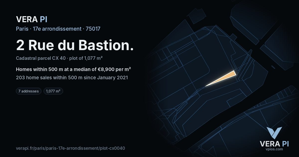 2 Rue du Bastion, 17e arrondissement at night – the plot lit, the parcels around coloured by the prices near them