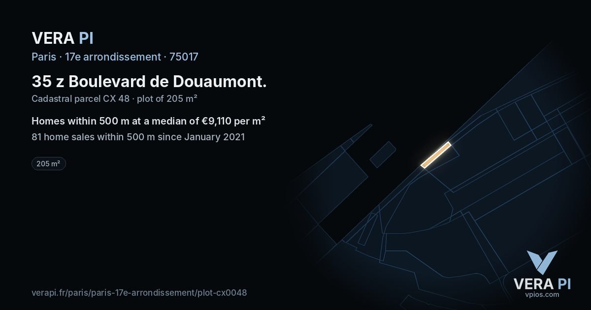 35 z Boulevard de Douaumont, 17e arrondissement at night – the plot lit, the parcels around coloured by the prices near them