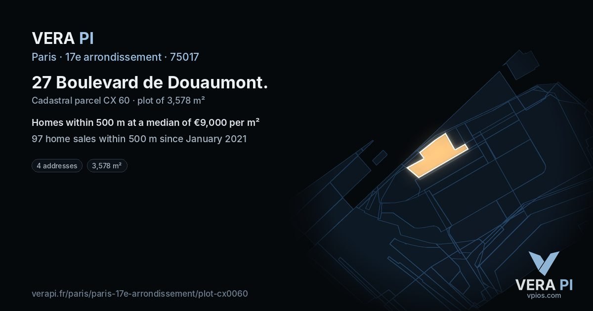 27 Boulevard de Douaumont, 17e arrondissement at night – the plot lit, the parcels around coloured by the prices near them