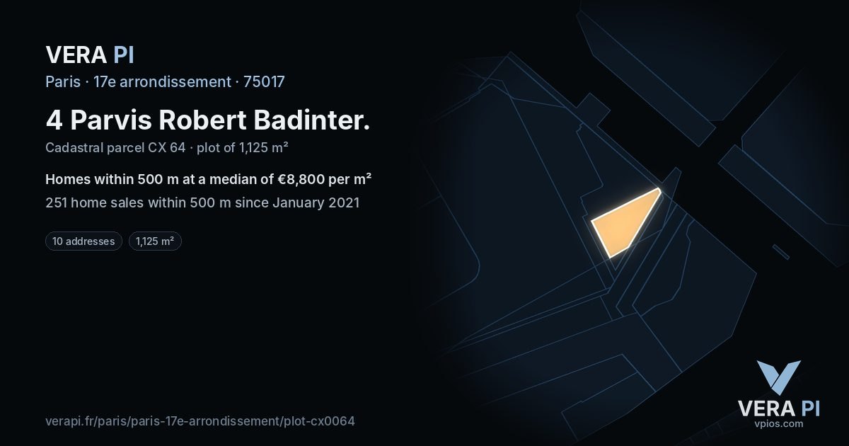 4 Parvis Robert Badinter, 17e arrondissement at night – the plot lit, the parcels around coloured by the prices near them