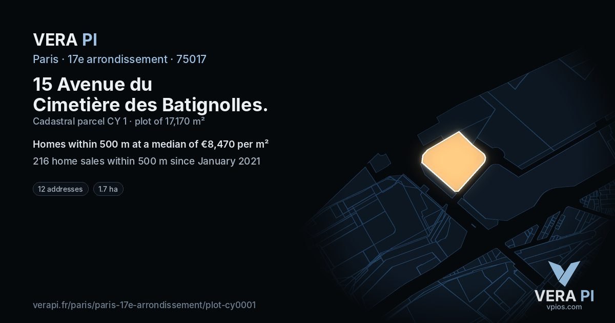 15 Avenue du Cimetière des Batignolles, 17e arrondissement at night – the plot lit, the parcels around coloured by the prices near them
