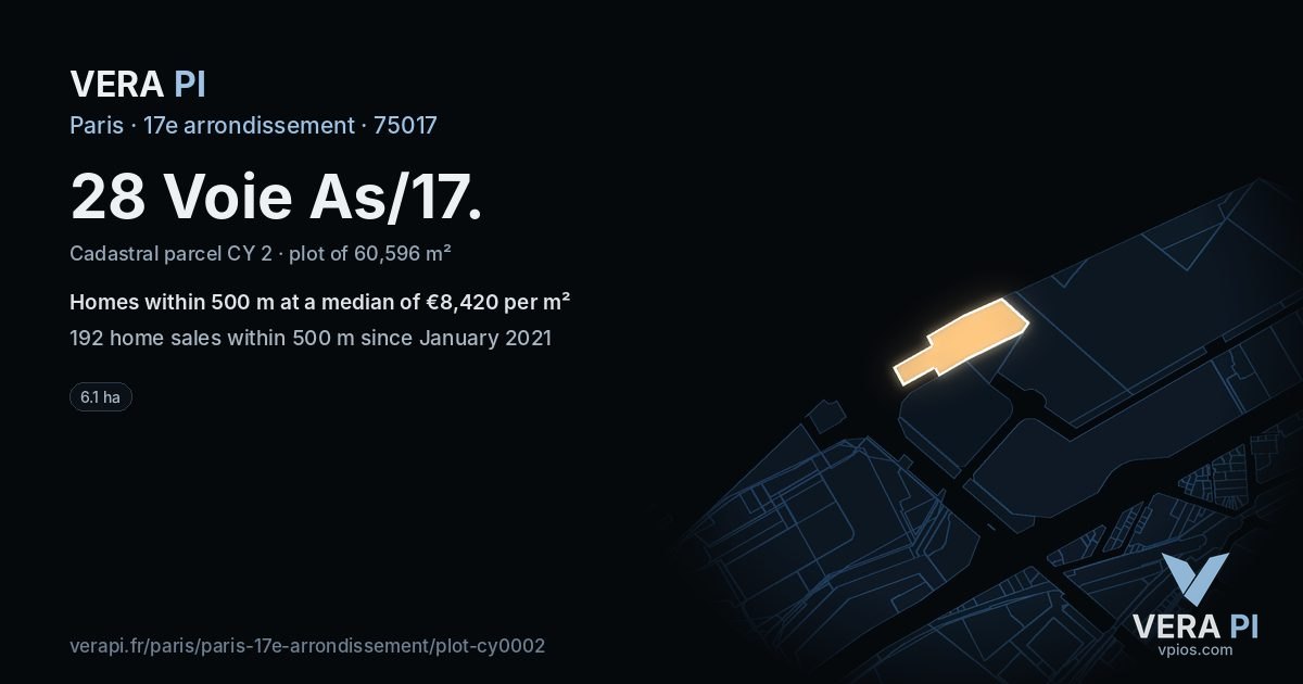 28 Voie As/17, 17e arrondissement at night – the plot lit, the parcels around coloured by the prices near them