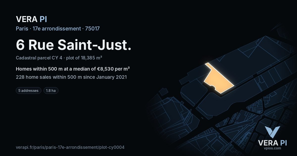 6 Rue Saint-Just, 17e arrondissement at night – the plot lit, the parcels around coloured by the prices near them