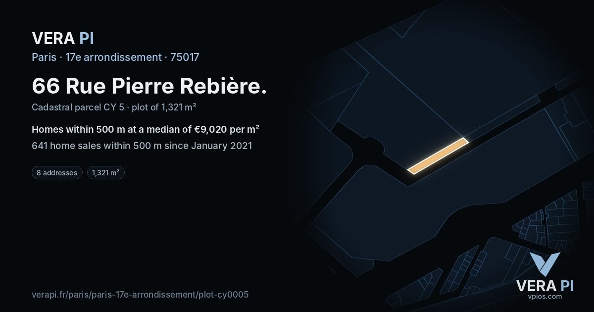 66 Rue Pierre Rebière, 17e arrondissement at night – the plot lit, the parcels around coloured by the prices near them