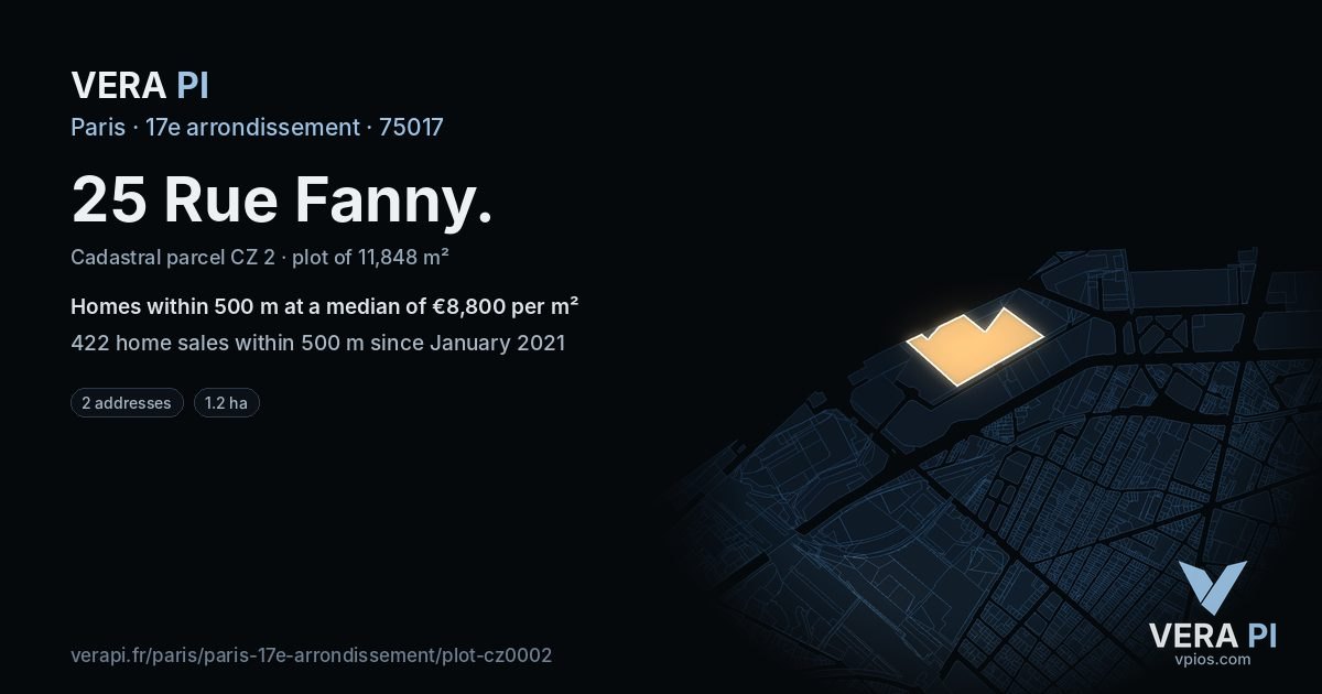 25 Rue Fanny, 17e arrondissement at night – the plot lit, the parcels around coloured by the prices near them