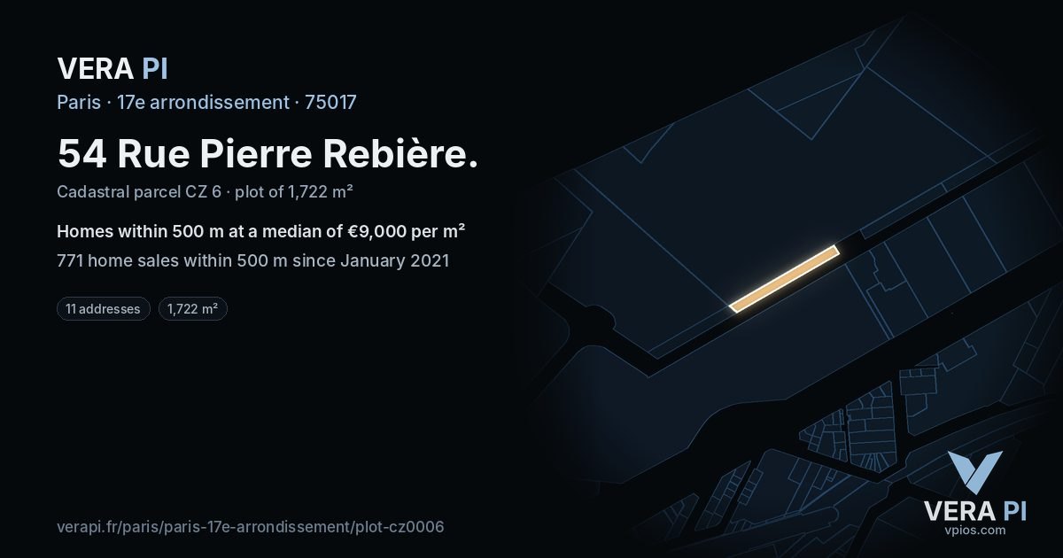 54 Rue Pierre Rebière, 17e arrondissement at night – the plot lit, the parcels around coloured by the prices near them
