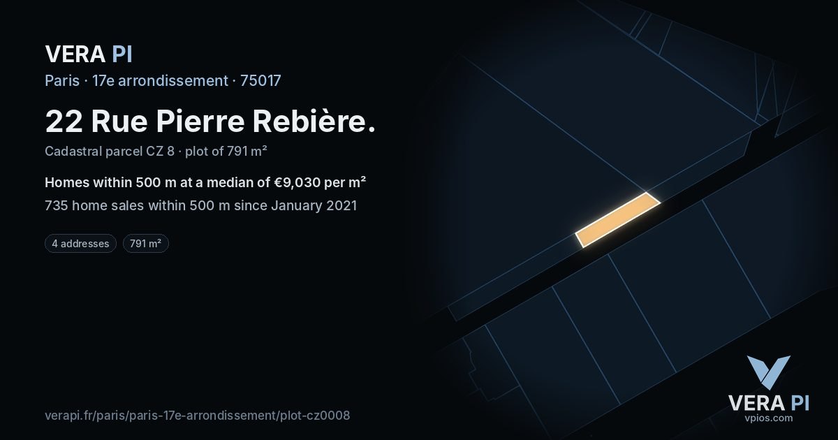 22 Rue Pierre Rebière, 17e arrondissement at night – the plot lit, the parcels around coloured by the prices near them