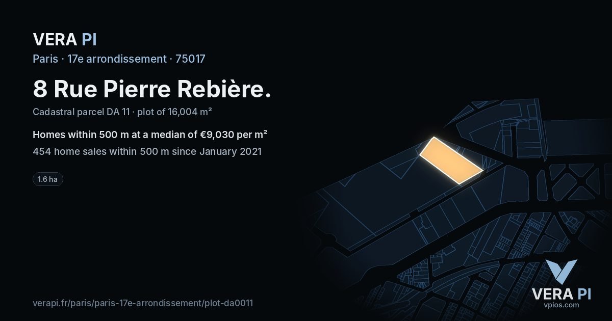 8 Rue Pierre Rebière, 17e arrondissement at night – the plot lit, the parcels around coloured by the prices near them