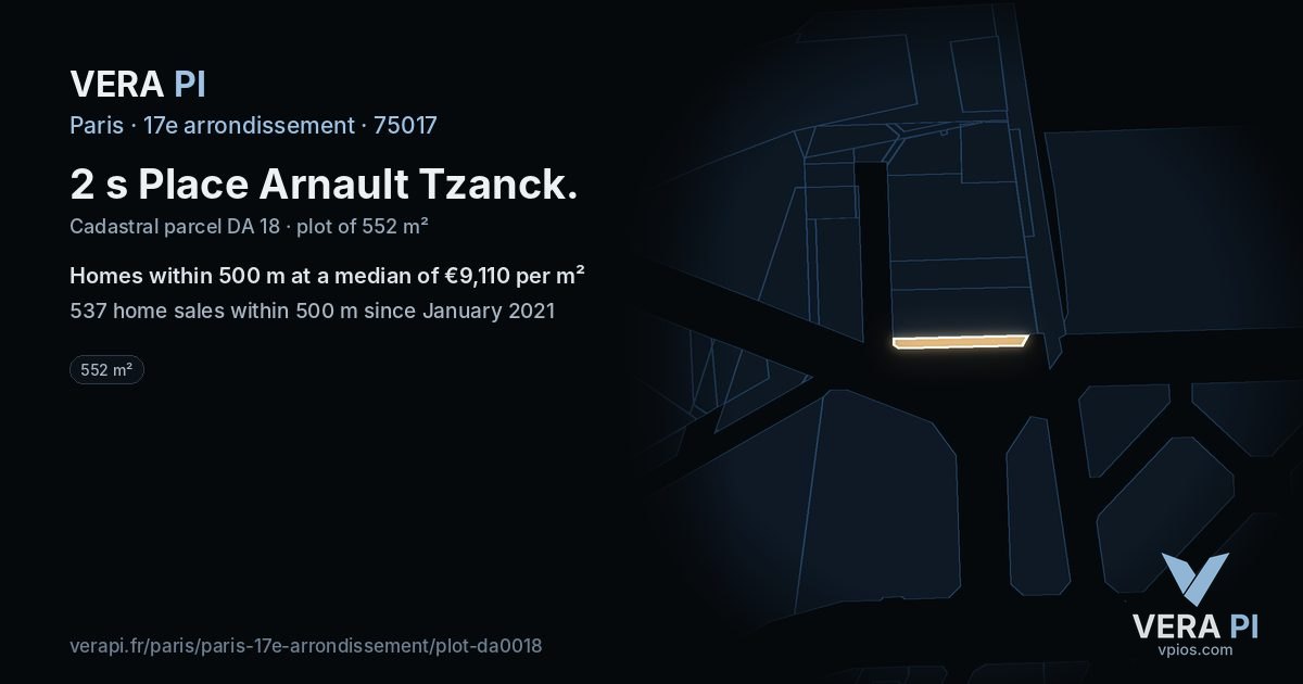 2 s Place Arnault Tzanck, 17e arrondissement at night – the plot lit, the parcels around coloured by the prices near them