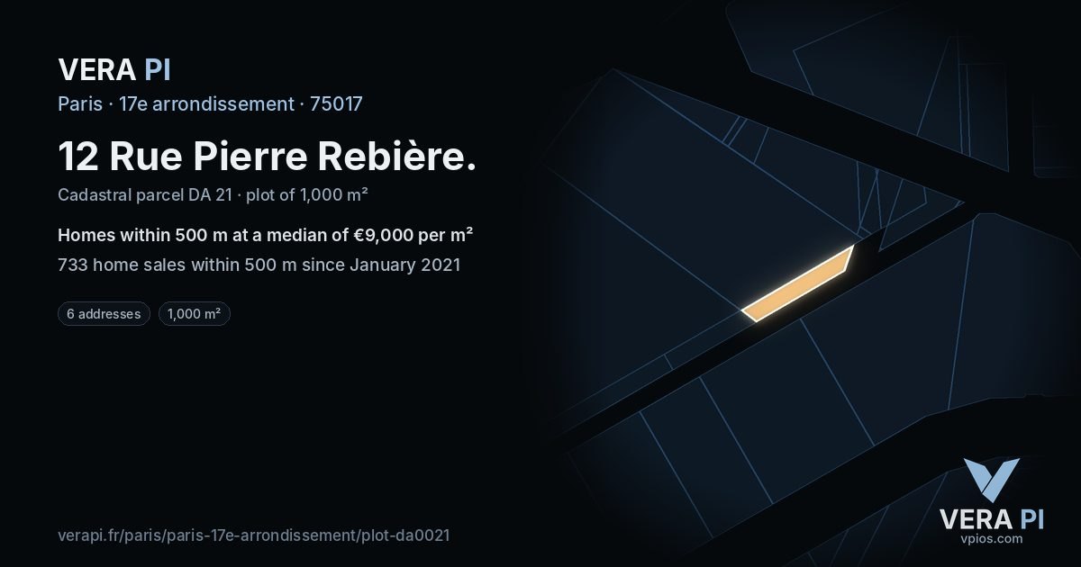 12 Rue Pierre Rebière, 17e arrondissement at night – the plot lit, the parcels around coloured by the prices near them