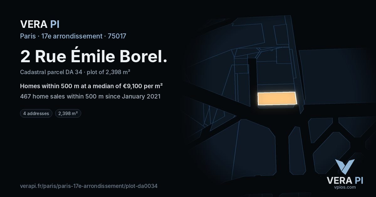 2 Rue Émile Borel, 17e arrondissement at night – the plot lit, the parcels around coloured by the prices near them
