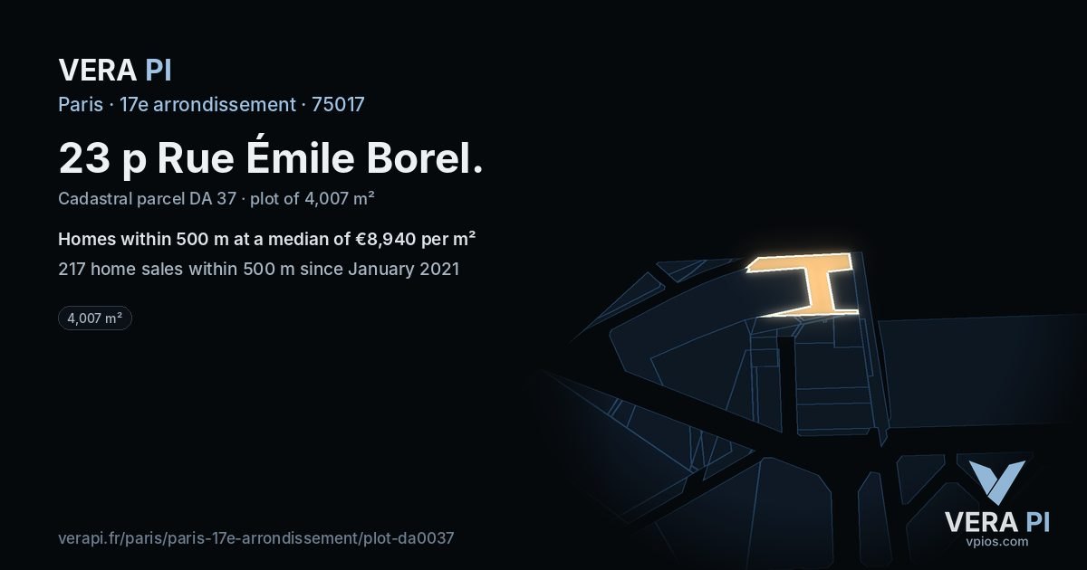 23 p Rue Émile Borel, 17e arrondissement at night – the plot lit, the parcels around coloured by the prices near them
