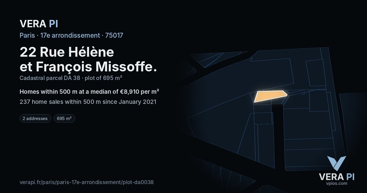 22 Rue Hélène et François Missoffe, 17e arrondissement at night – the plot lit, the parcels around coloured by the prices near them