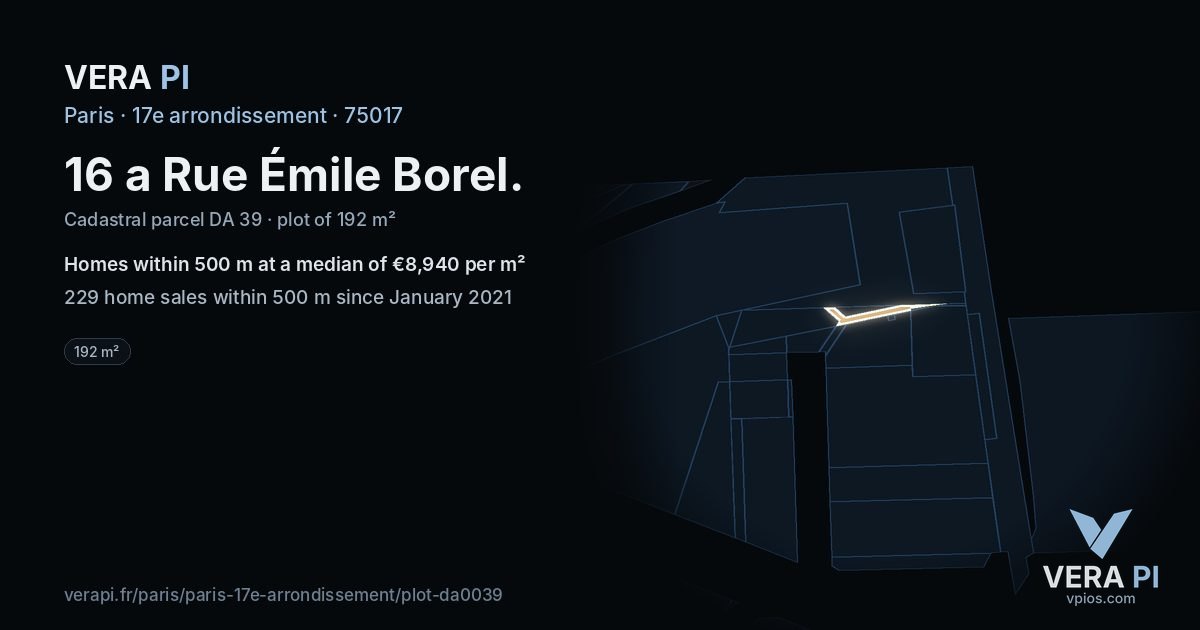 16 a Rue Émile Borel, 17e arrondissement at night – the plot lit, the parcels around coloured by the prices near them