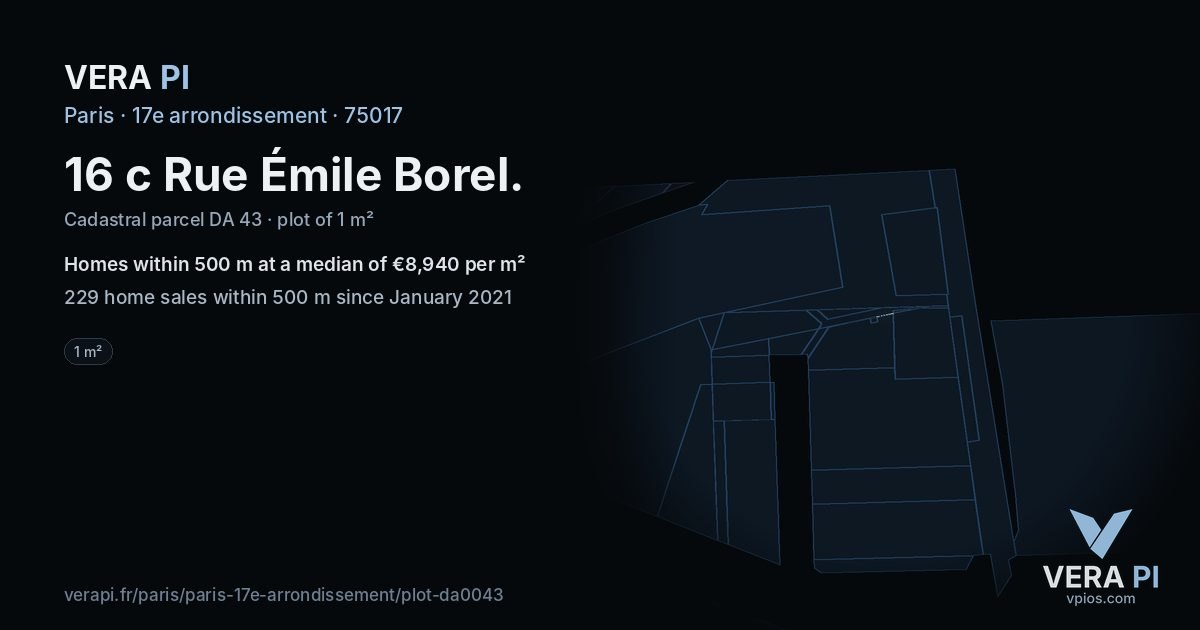 16 c Rue Émile Borel, 17e arrondissement at night – the plot lit, the parcels around coloured by the prices near them