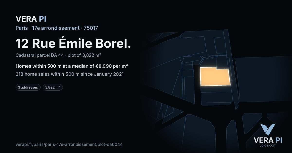 12 Rue Émile Borel, 17e arrondissement at night – the plot lit, the parcels around coloured by the prices near them