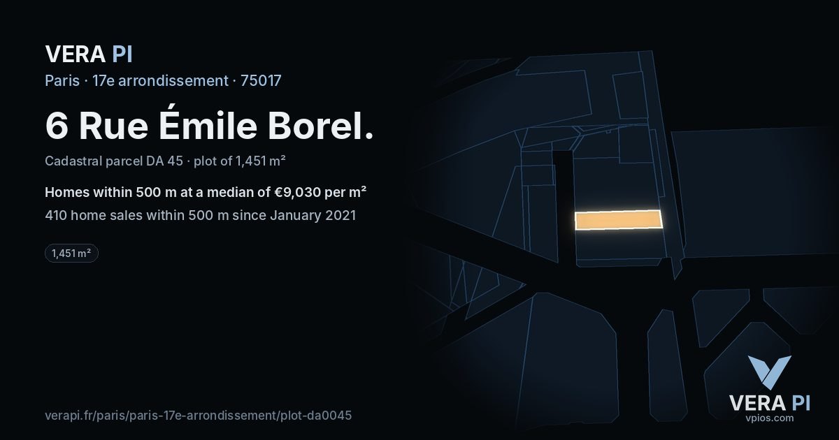 6 Rue Émile Borel, 17e arrondissement at night – the plot lit, the parcels around coloured by the prices near them