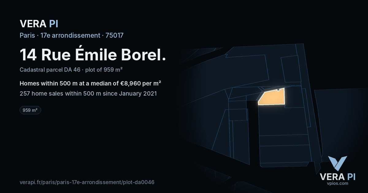 14 Rue Émile Borel, 17e arrondissement at night – the plot lit, the parcels around coloured by the prices near them
