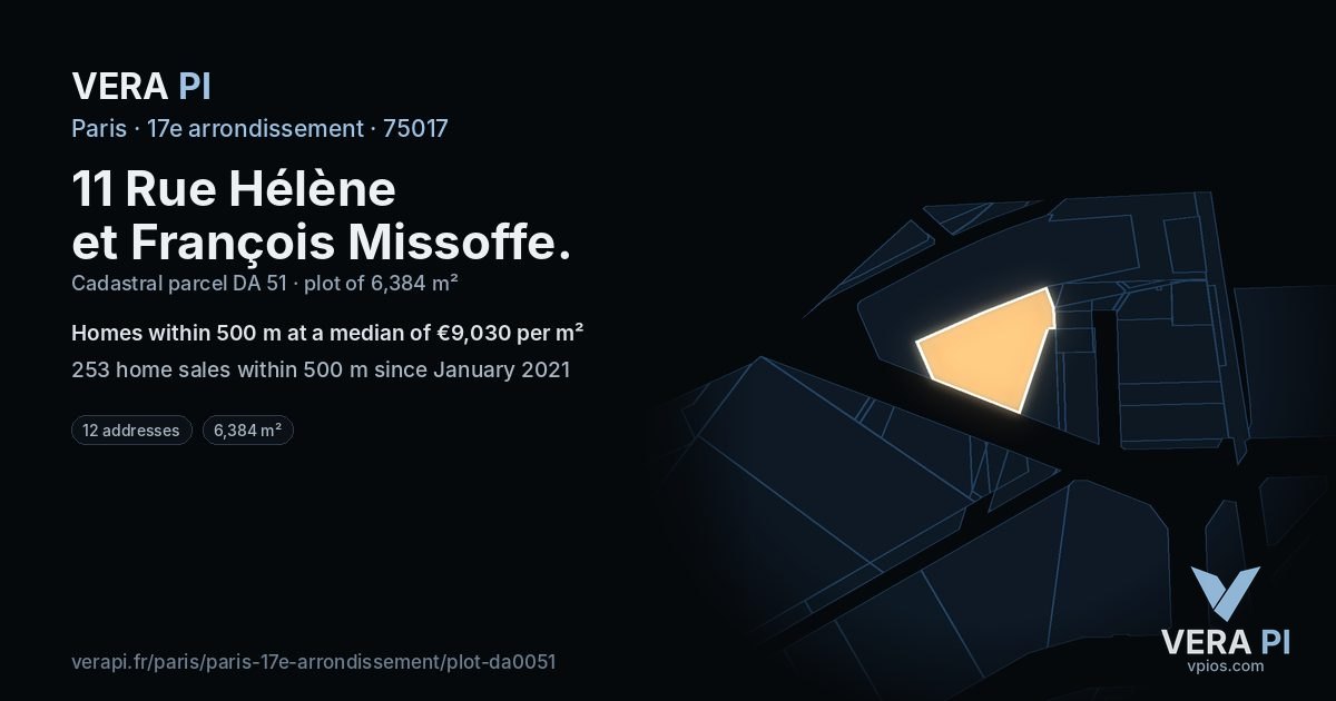 11 Rue Hélène et François Missoffe, 17e arrondissement at night – the plot lit, the parcels around coloured by the prices near them