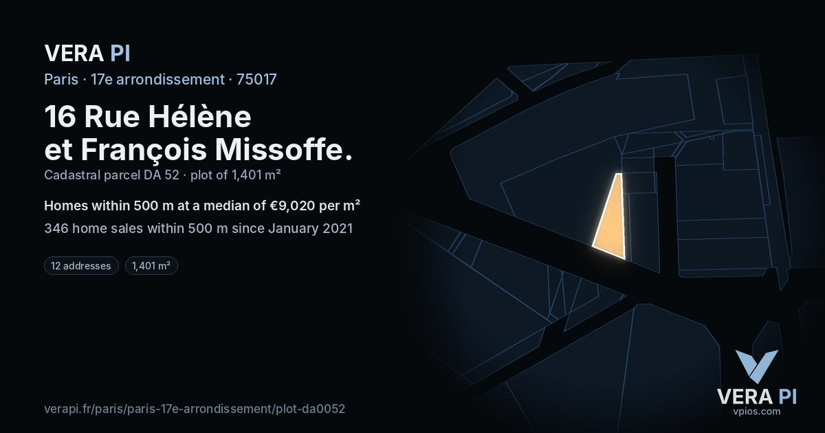 16 Rue Hélène et François Missoffe, 17e arrondissement at night – the plot lit, the parcels around coloured by the prices near them