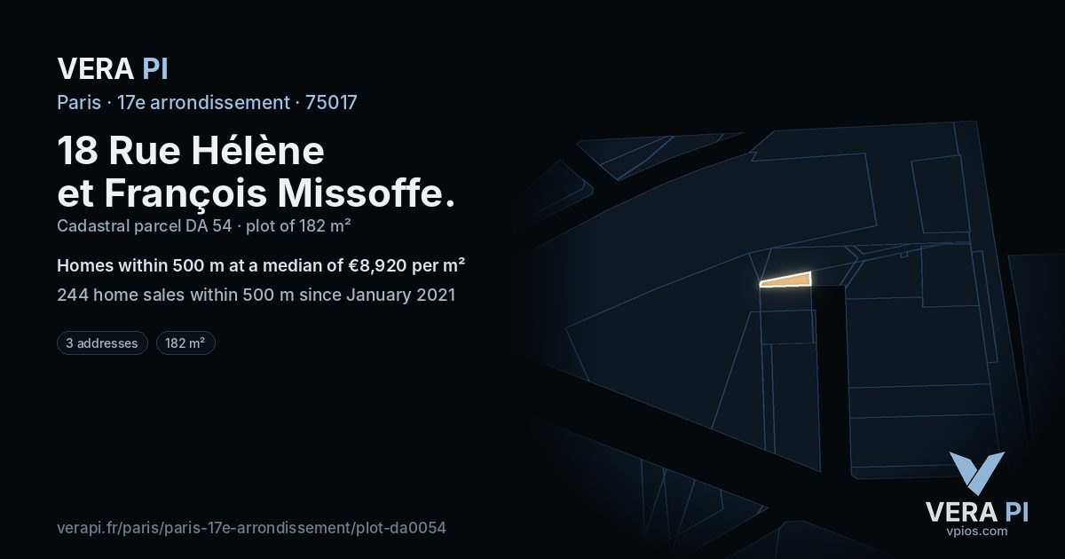 18 Rue Hélène et François Missoffe, 17e arrondissement at night – the plot lit, the parcels around coloured by the prices near them