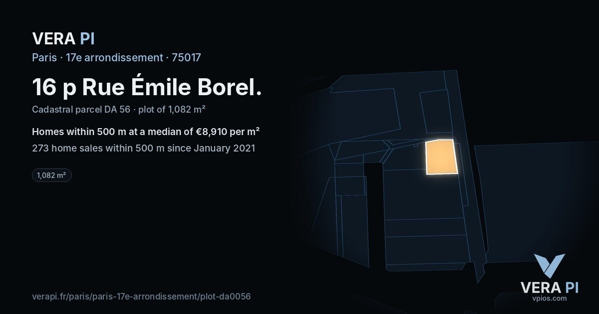 16 p Rue Émile Borel, 17e arrondissement at night – the plot lit, the parcels around coloured by the prices near them