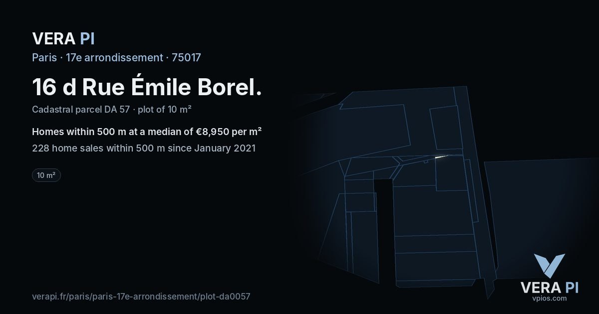 16 d Rue Émile Borel, 17e arrondissement at night – the plot lit, the parcels around coloured by the prices near them