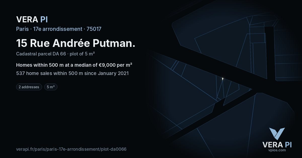 15 Rue Andrée Putman, 17e arrondissement at night – the plot lit, the parcels around coloured by the prices near them