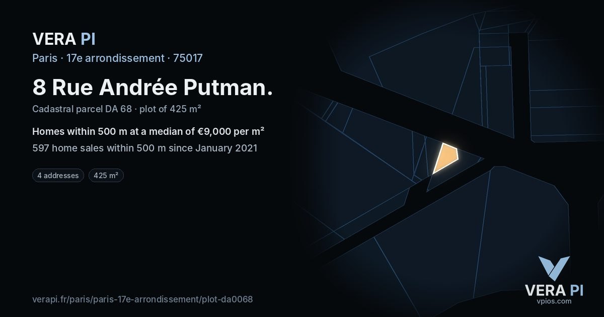 8 Rue Andrée Putman, 17e arrondissement at night – the plot lit, the parcels around coloured by the prices near them