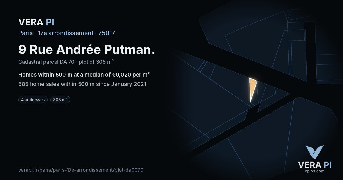 9 Rue Andrée Putman, 17e arrondissement at night – the plot lit, the parcels around coloured by the prices near them