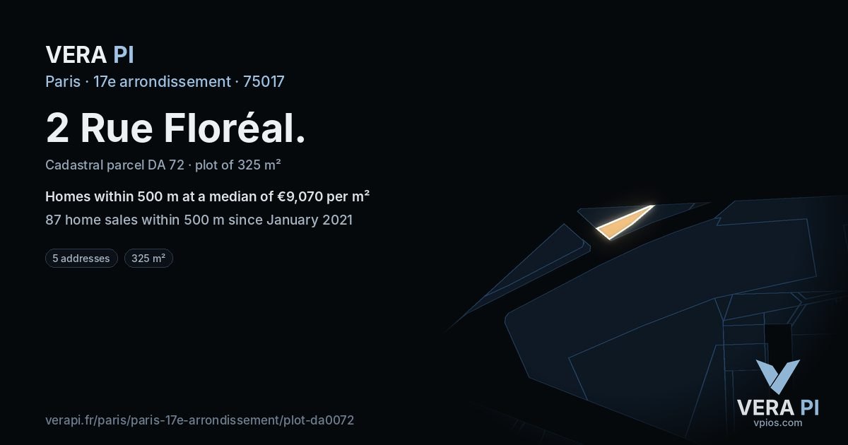 2 Rue Floréal, 17e arrondissement at night – the plot lit, the parcels around coloured by the prices near them