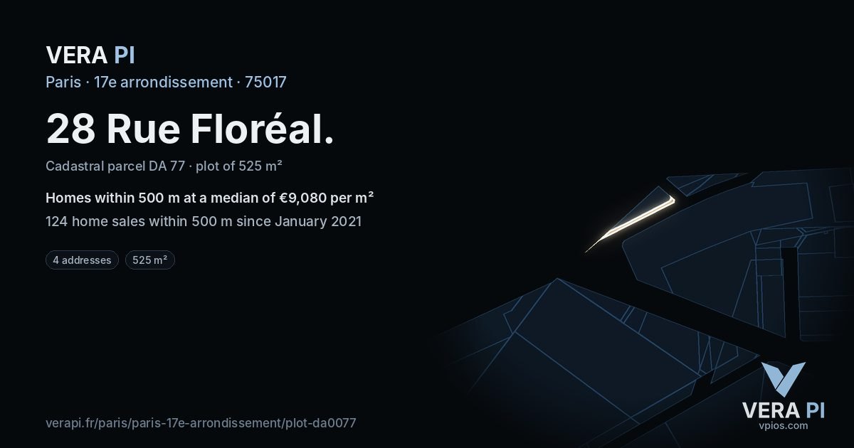 28 Rue Floréal, 17e arrondissement at night – the plot lit, the parcels around coloured by the prices near them