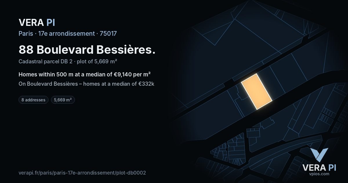88 Boulevard Bessières, 17e arrondissement at night – the plot lit, the parcels around coloured by the prices near them