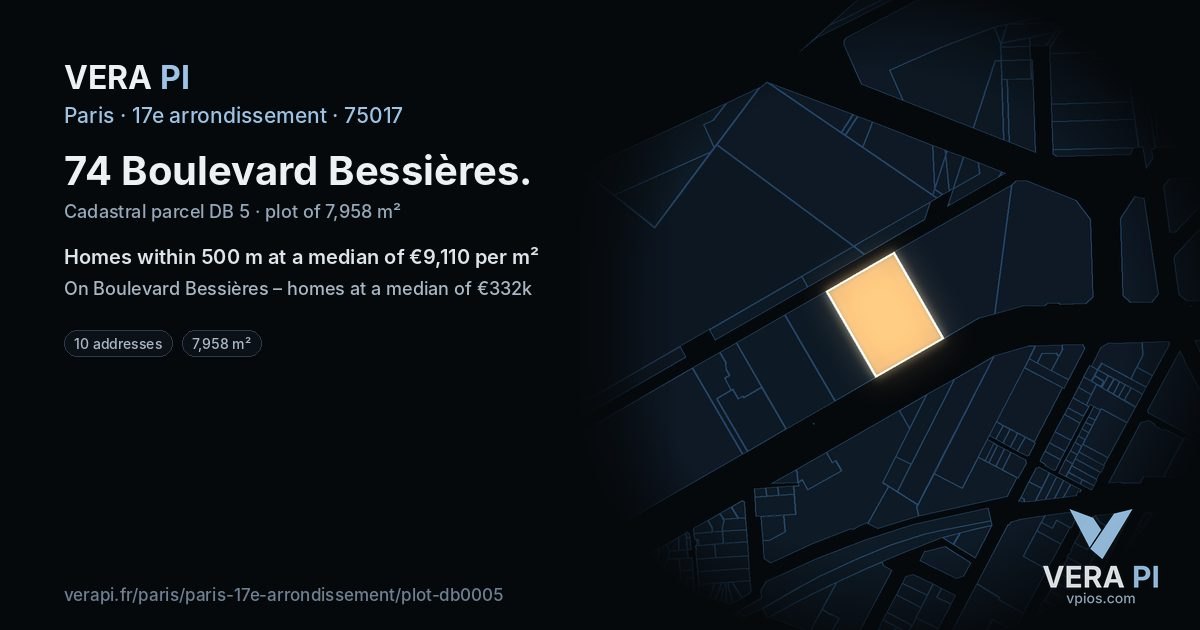 74 Boulevard Bessières, 17e arrondissement at night – the plot lit, the parcels around coloured by the prices near them