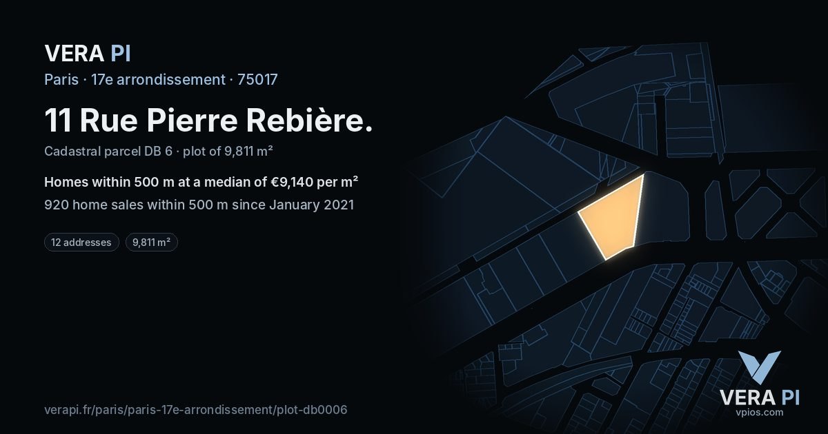 11 Rue Pierre Rebière, 17e arrondissement at night – the plot lit, the parcels around coloured by the prices near them