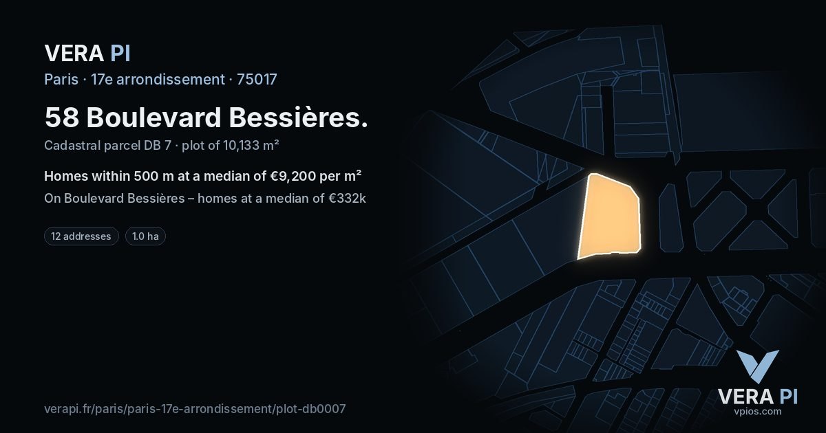 58 Boulevard Bessières, 17e arrondissement at night – the plot lit, the parcels around coloured by the prices near them
