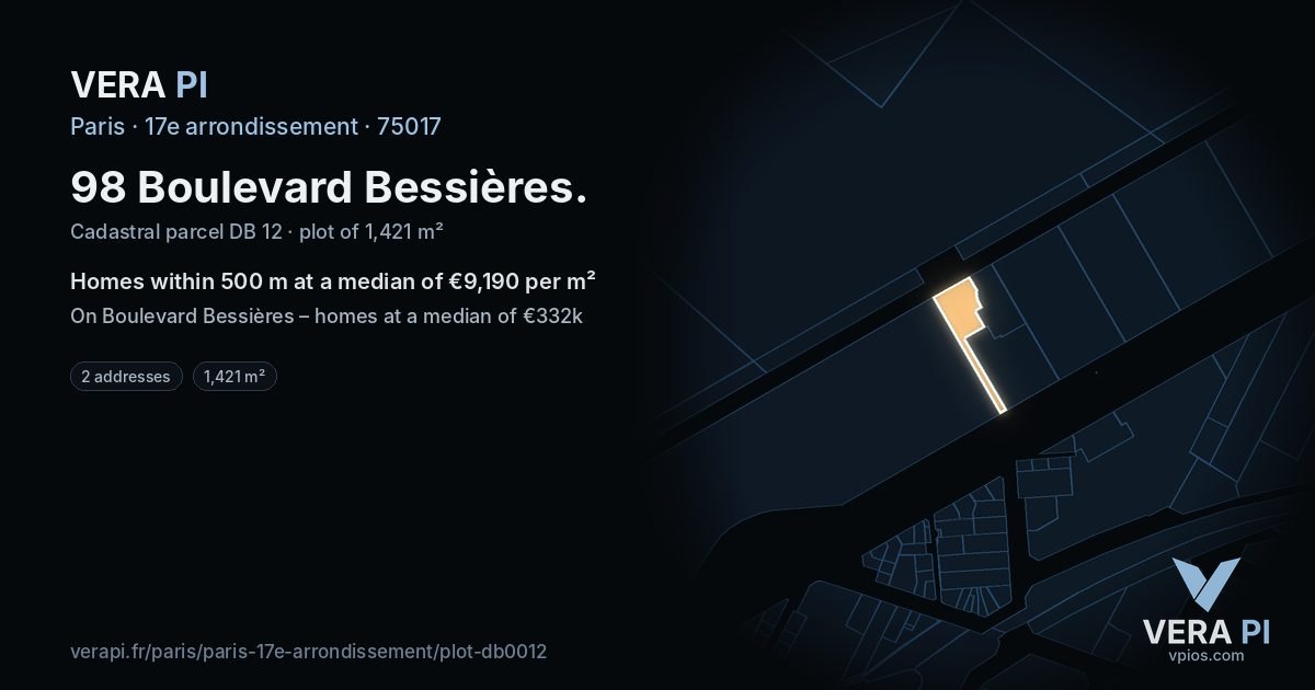 98 Boulevard Bessières, 17e arrondissement at night – the plot lit, the parcels around coloured by the prices near them