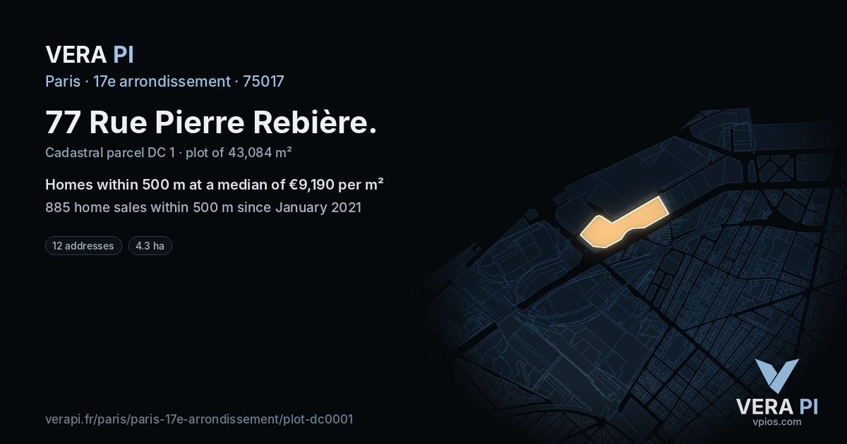 77 Rue Pierre Rebière, 17e arrondissement at night – the plot lit, the parcels around coloured by the prices near them