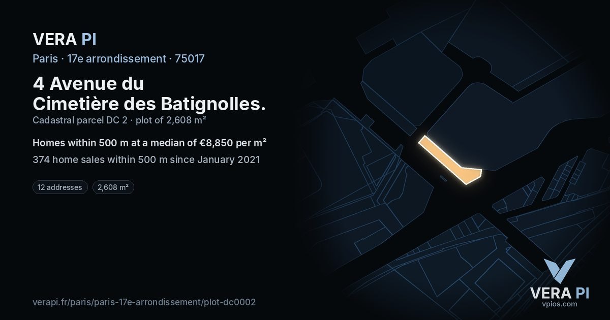 4 Avenue du Cimetière des Batignolles, 17e arrondissement at night – the plot lit, the parcels around coloured by the prices near them