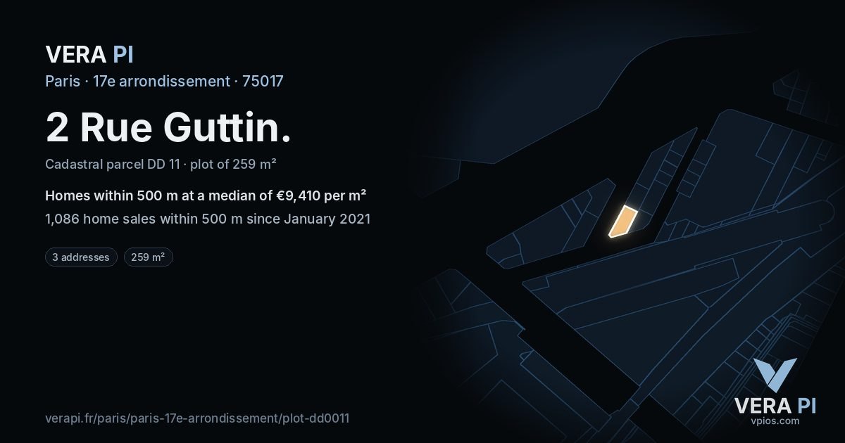 2 Rue Guttin, 17e arrondissement at night – the plot lit, the parcels around coloured by the prices near them