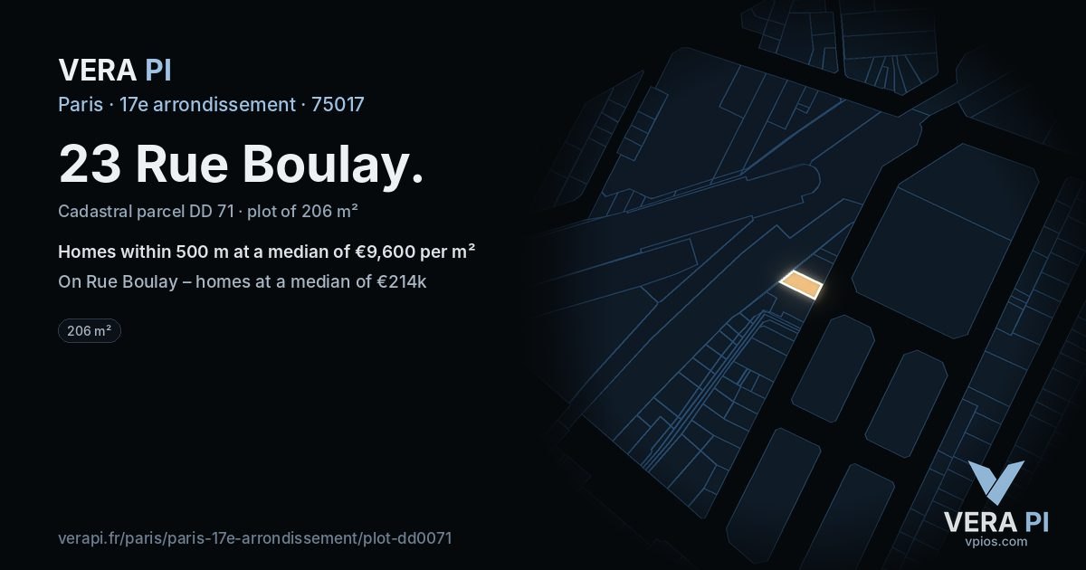 23 Rue Boulay, 17e arrondissement at night – the plot lit, the parcels around coloured by the prices near them