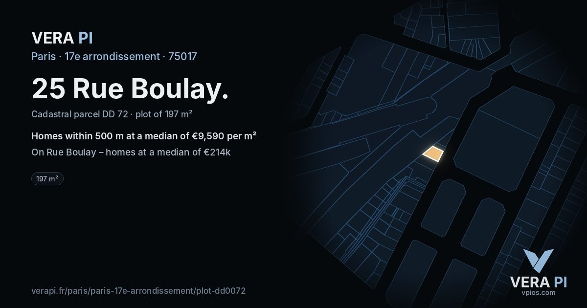 25 Rue Boulay, 17e arrondissement at night – the plot lit, the parcels around coloured by the prices near them